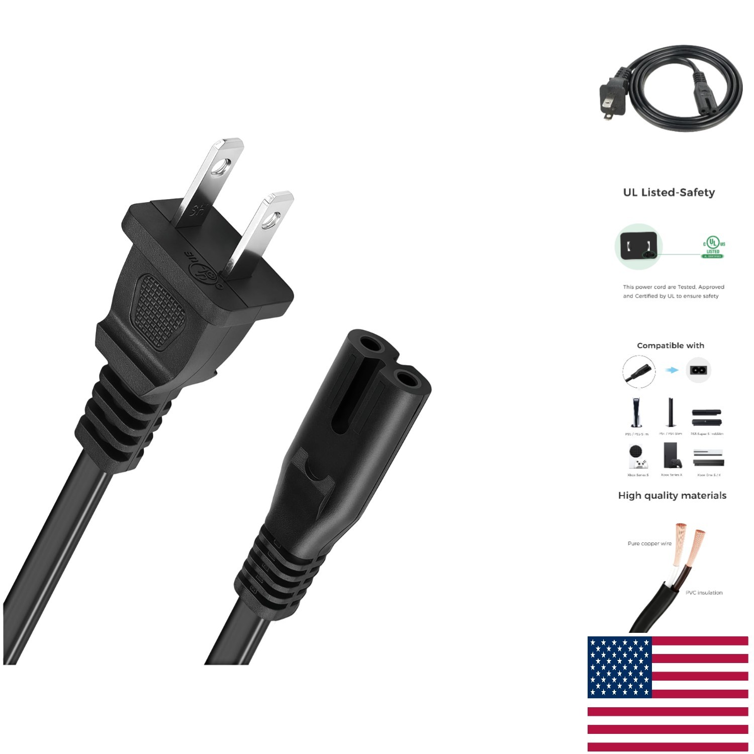 Reliable 3Ft AC Power Cord for Xbox/PS5: Listed & Durable Performance