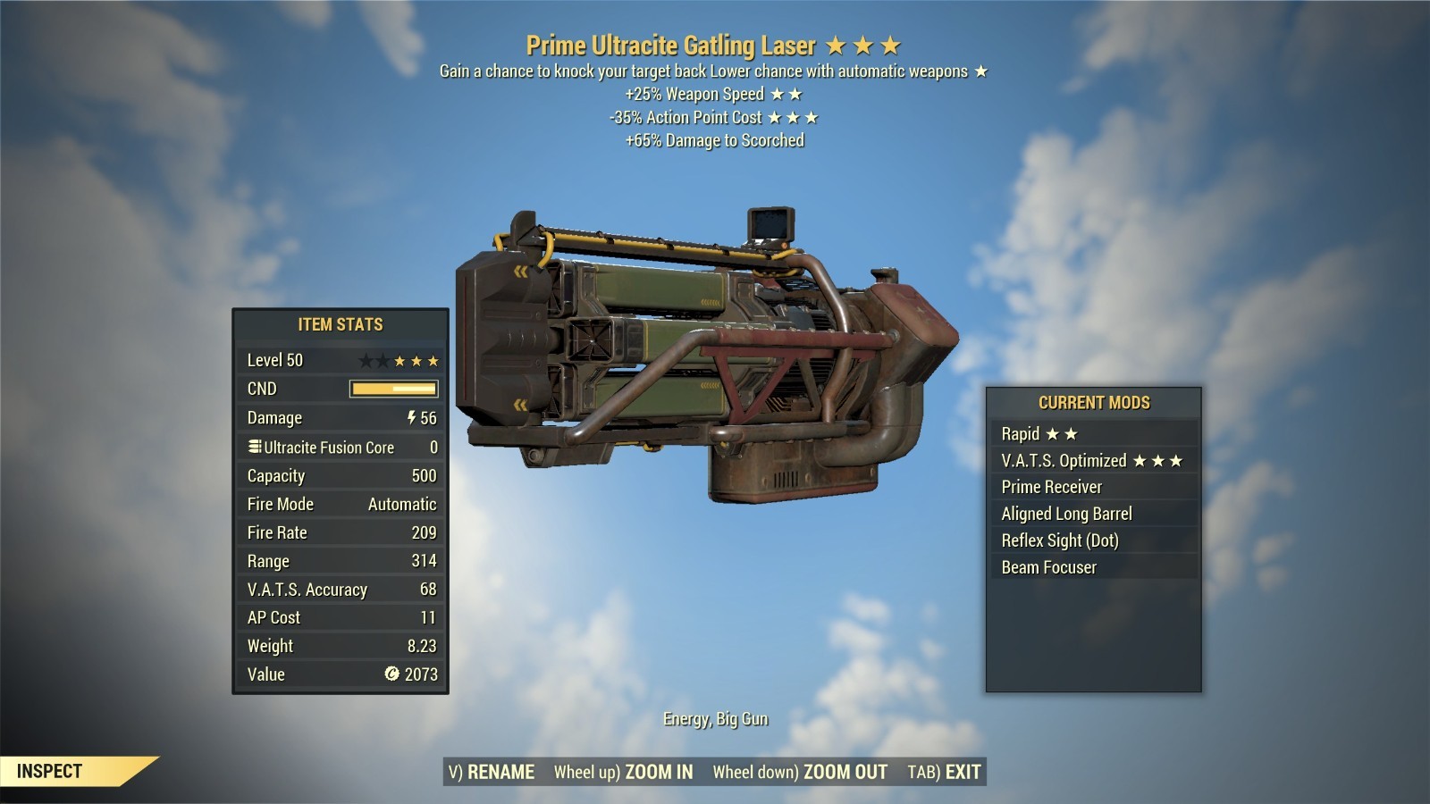 FALLOUT 76 PC CONCUSSIVE RAPID VATS OPTIMIZED ULTRACITE GATLING LASER HACKED