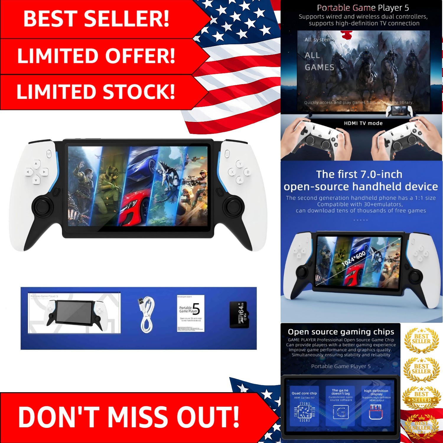 Compact 7-Inch Retro Emulator Console – 15,000 Games, HDMI Output & Long Battery
