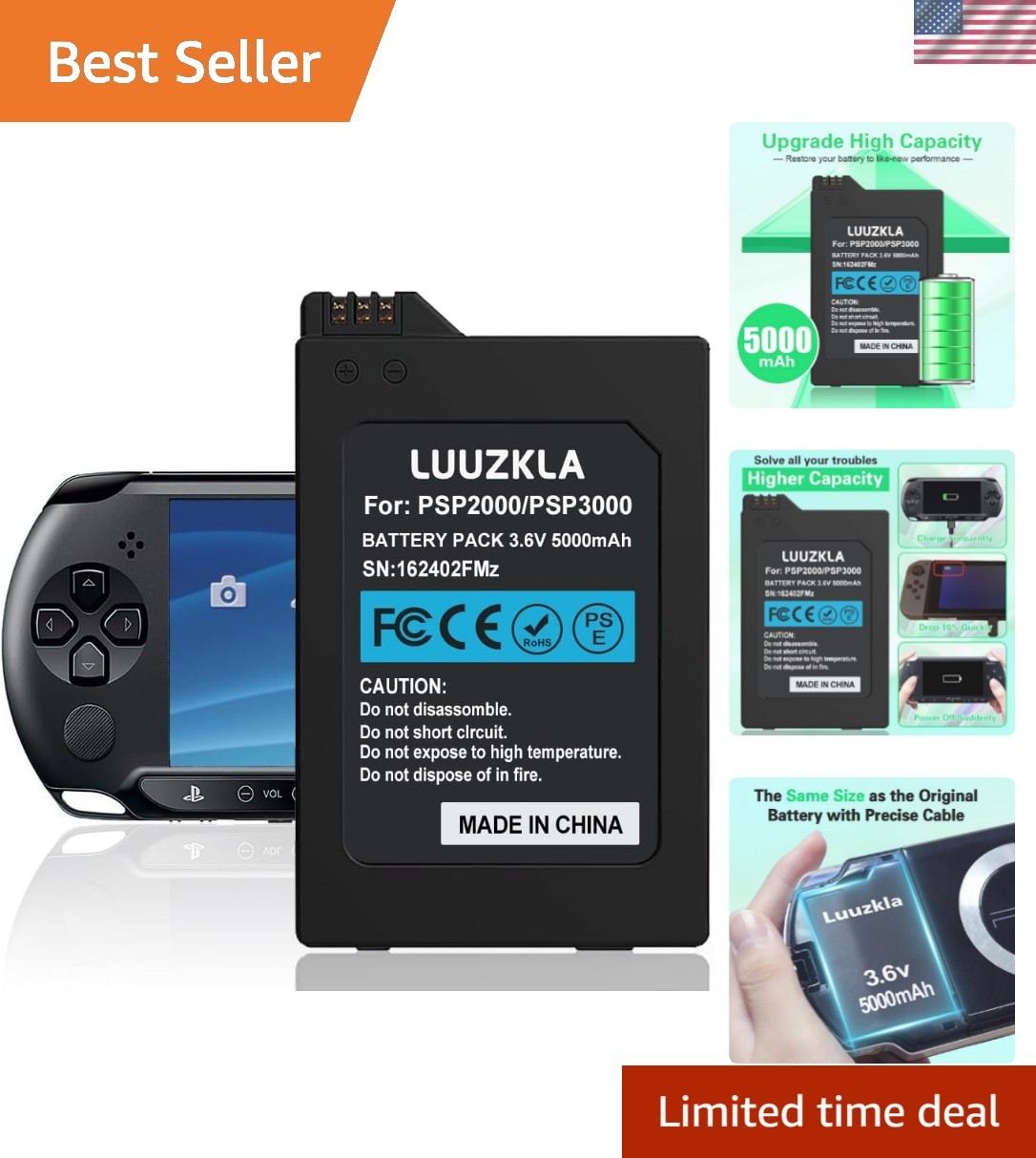5000mAh Replacement Battery for PSP 2000/3000 with Safety Certifications