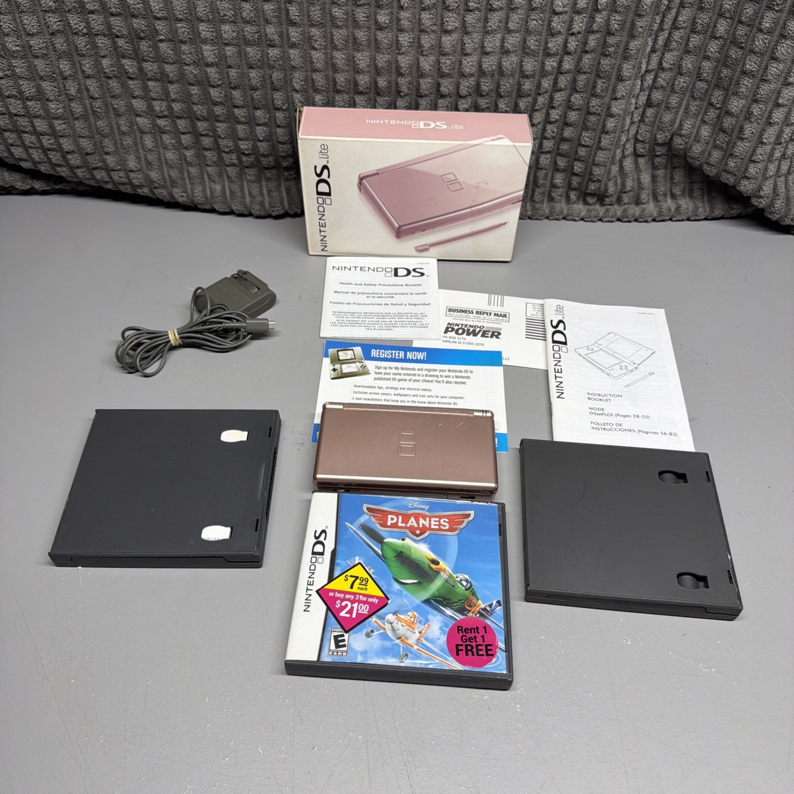 Nintendo DS Lite Metallic Rose Pink Console Bundle Box, Manuals, Charger 3 games