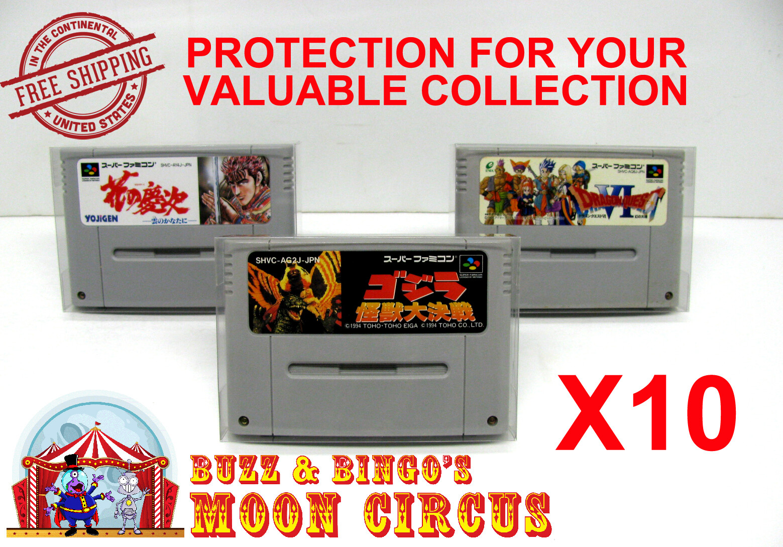 10X NINTENDO SUPER FAMICOM GAME CARTRIDGE – CLEAR PROTECTIVE BOX PROTECTORS
