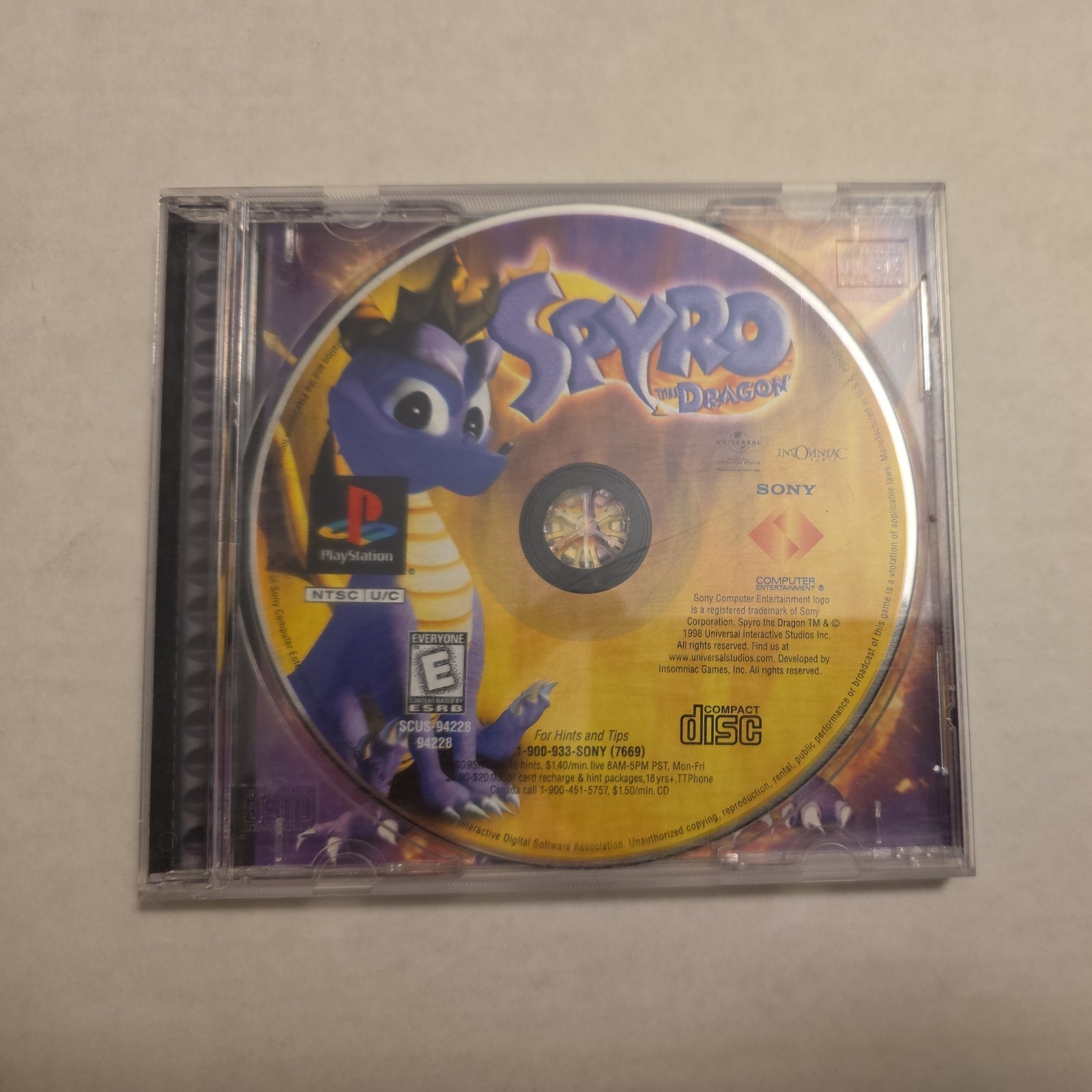 Spyro the Dragon (PlayStation 1 PS1, 1998) Missing Front Cover