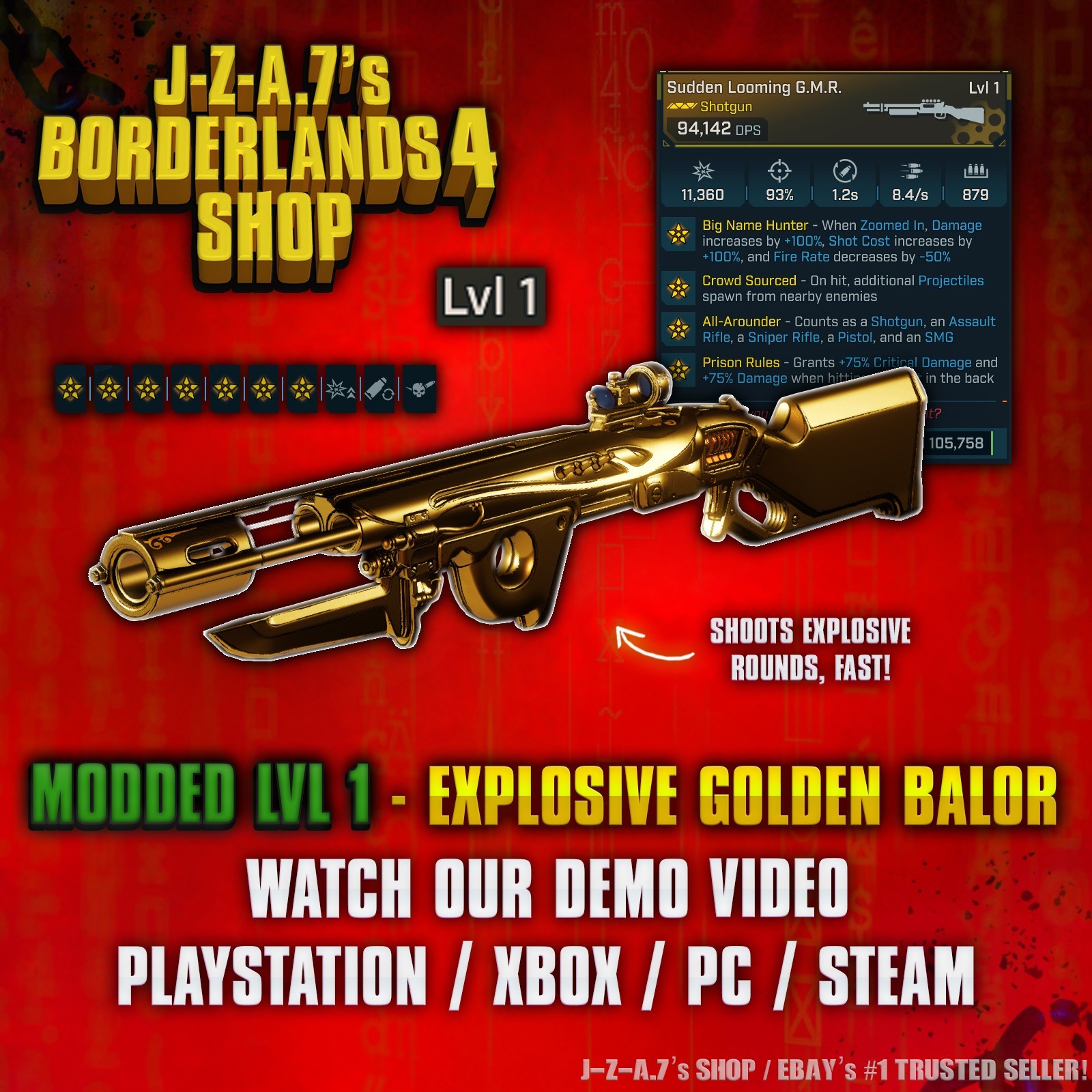 Borderlands 4✨ MODDED LEVEL 1 ONE 94K DPS GOLDEN BALOR SHOTGUN BL4✅PC-PS-XBOX✨