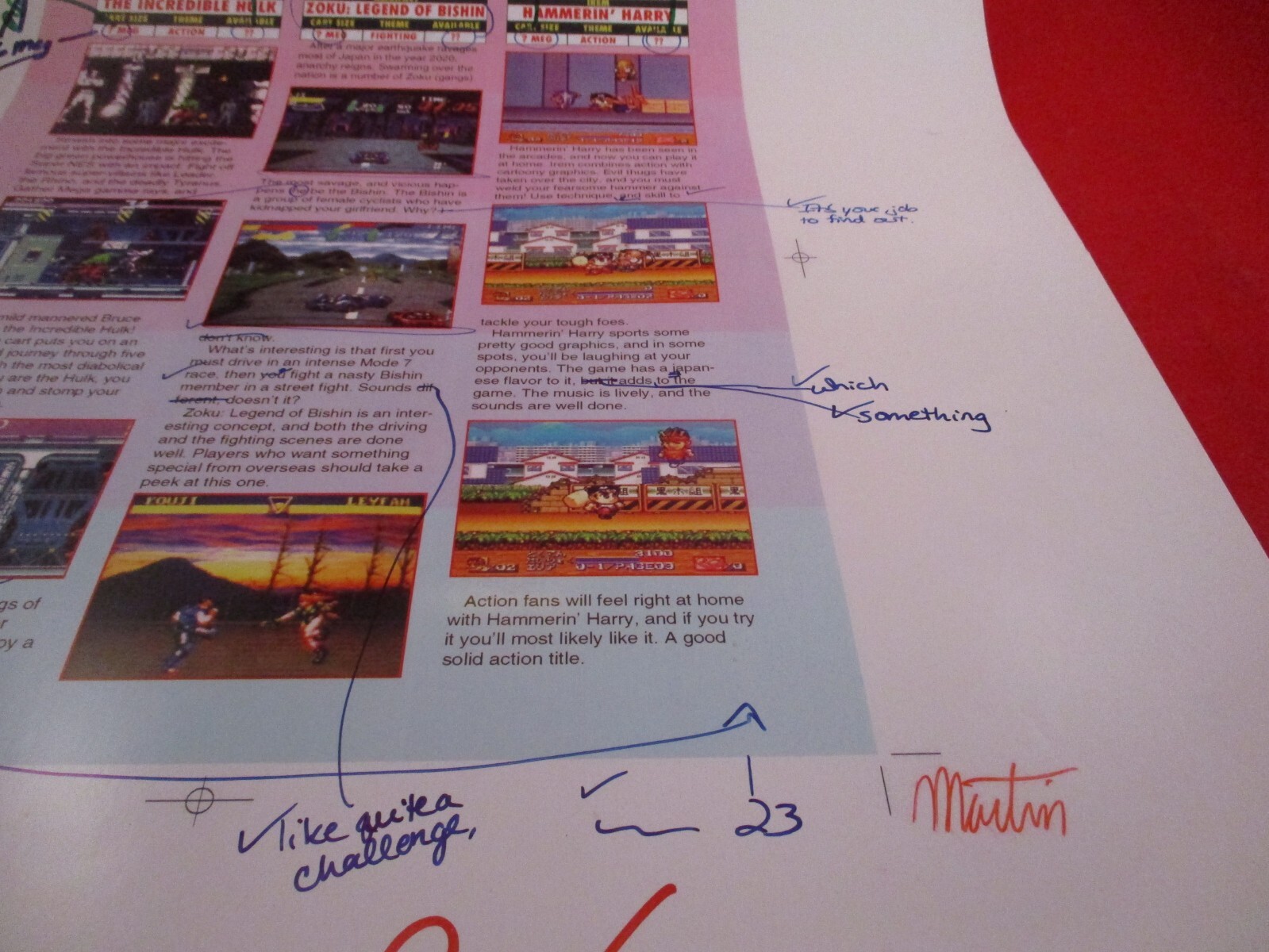 Super NES Buyer’s Guide Magazine Prototype Sheet Hulk Zoku Hammerin’ Harry