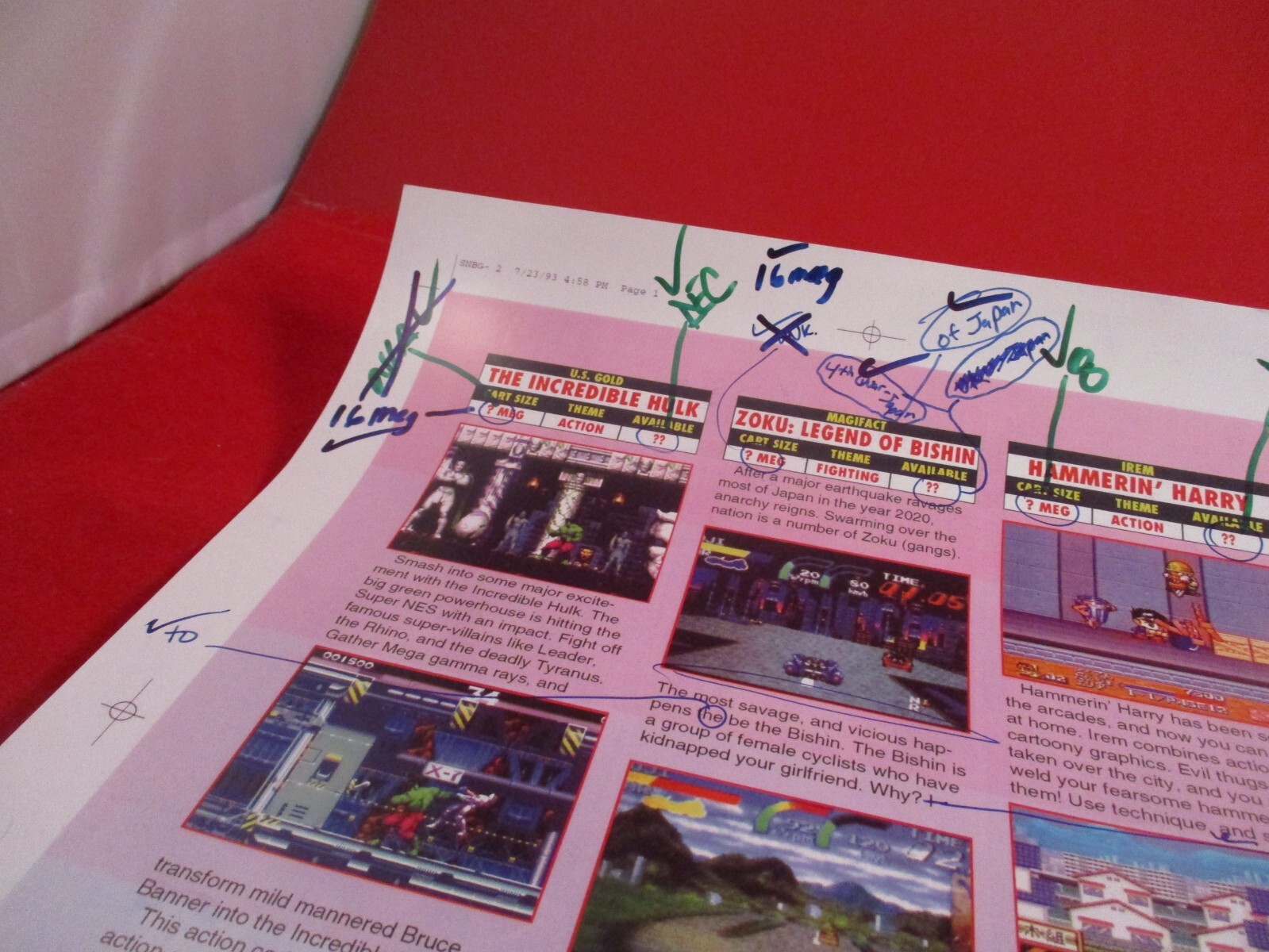 Super NES Buyer’s Guide Magazine Prototype Sheet Hulk Zoku Hammerin’ Harry