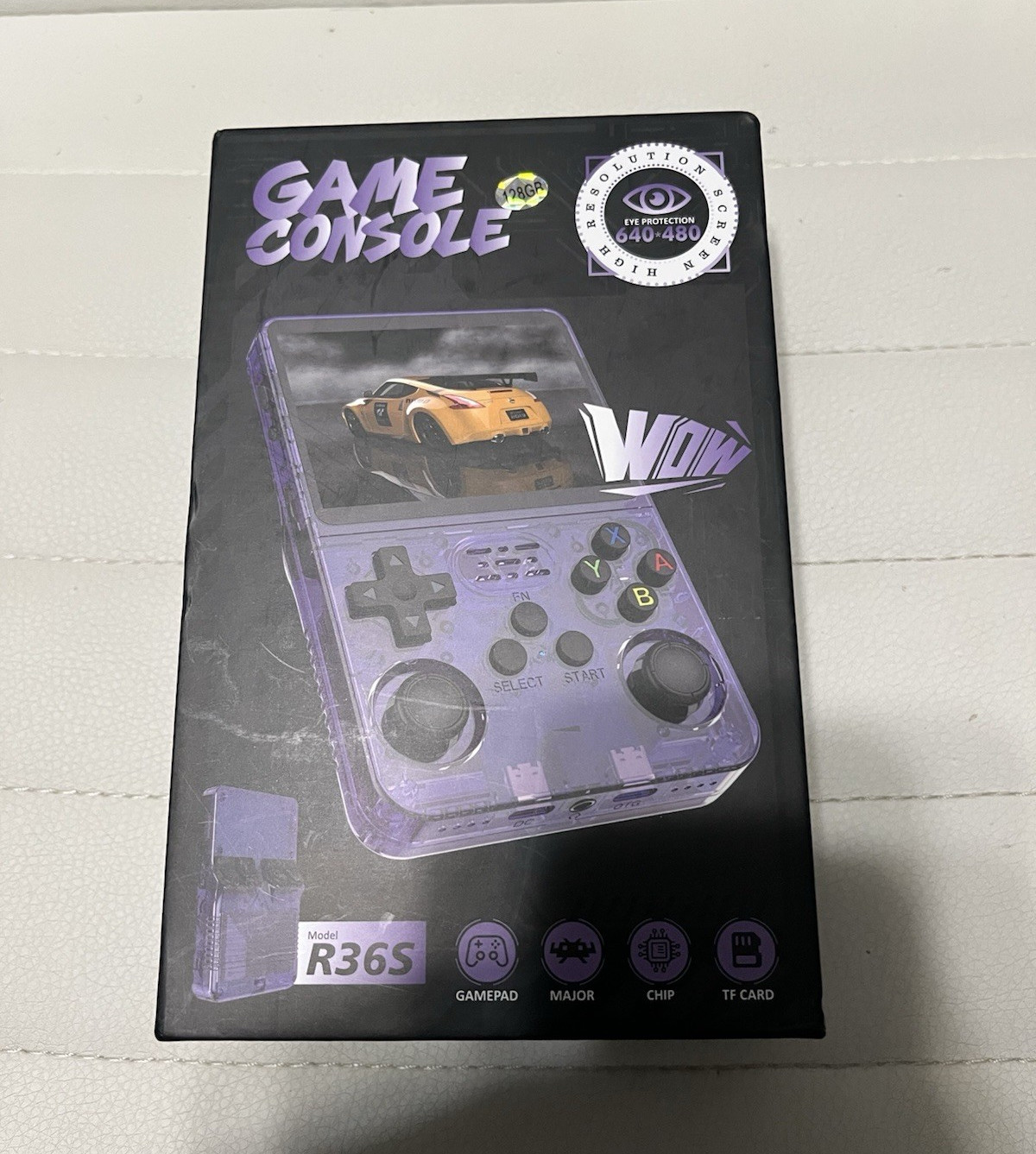 R36S Handheld Game Console 128GB 3.5in IPS 640×480 Black USB-C TF Slot