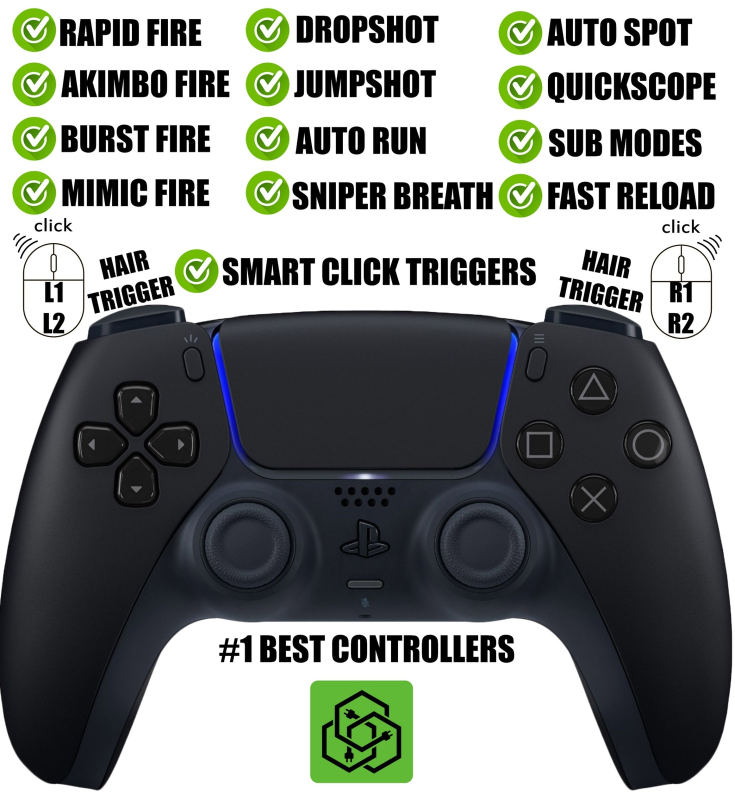 Black Pro Competition Smart Click Hair Triggers Best Modded Controller for PS5