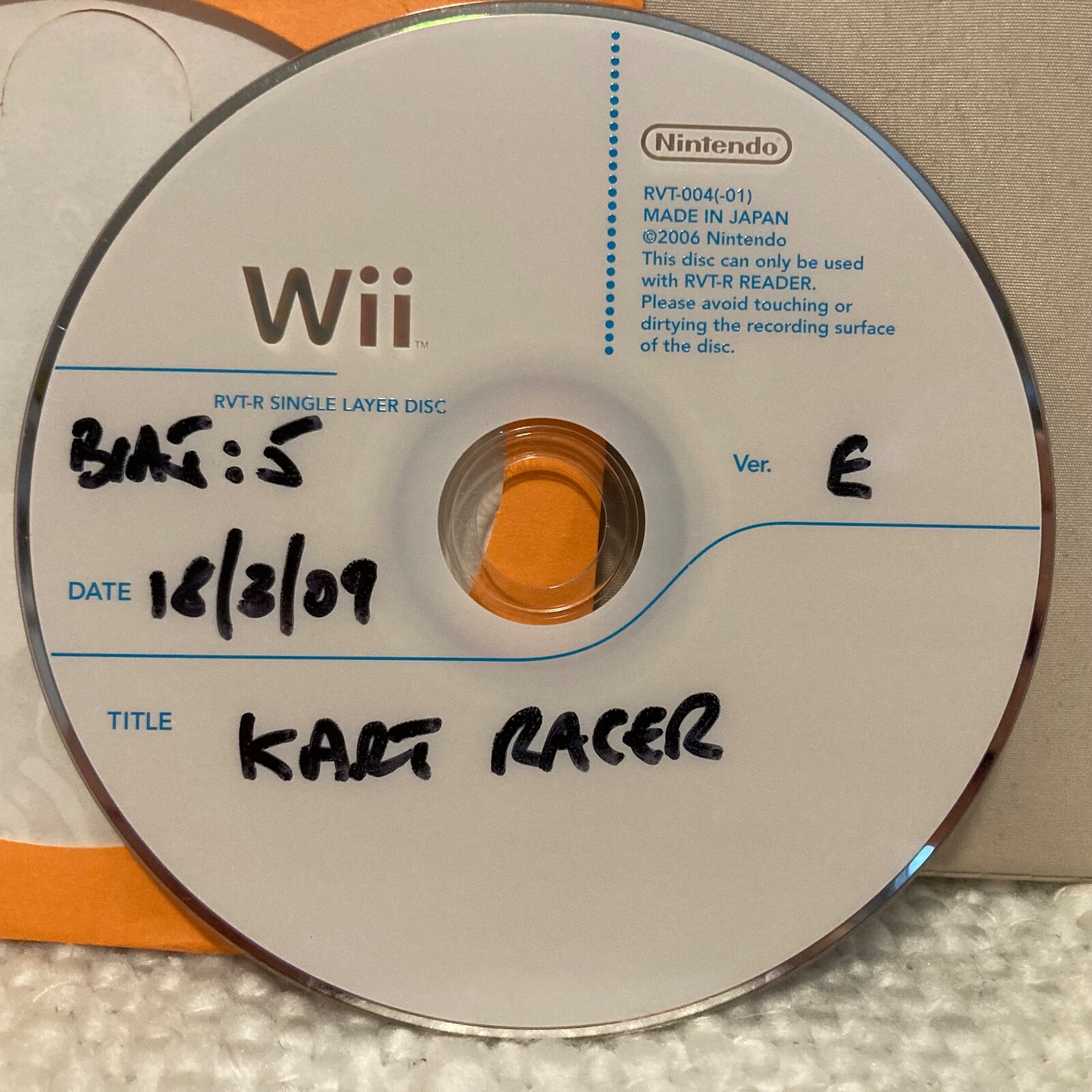 Nintendo Wii Dev Prototype “Kart Racer” 3/18/2009 Disc RVT-R RVT-004 (-01)