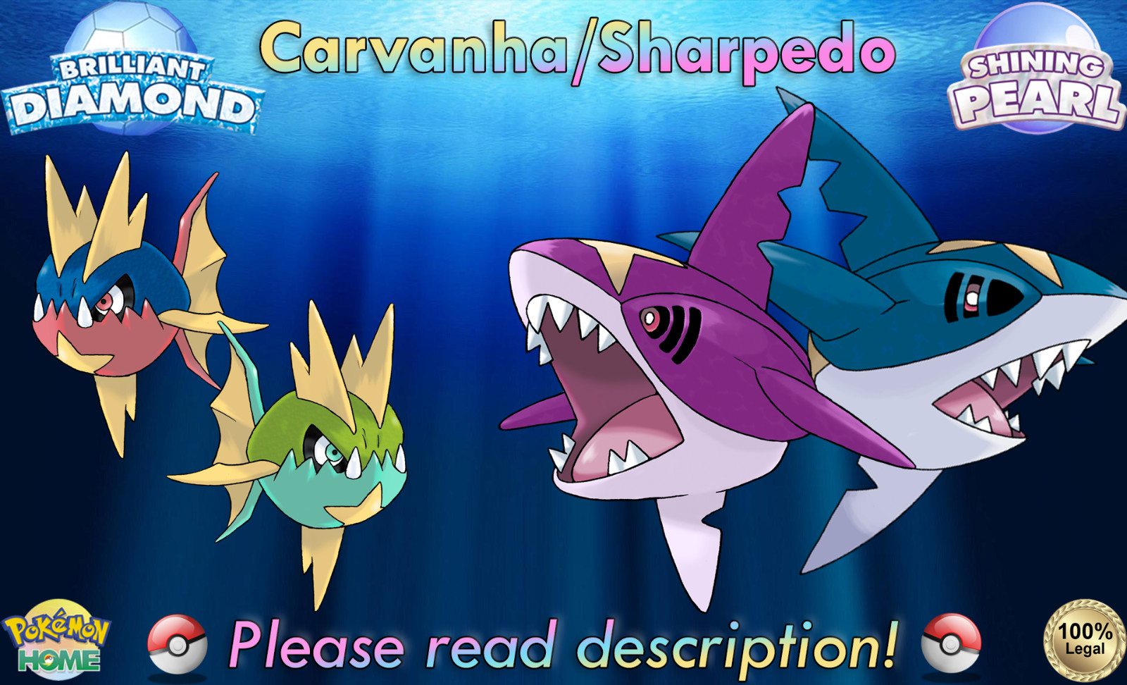 💎Shiny/Non-shiny Carvanha/Sharpedo 6IV💎Pokémon BD/SP (💯Legal)