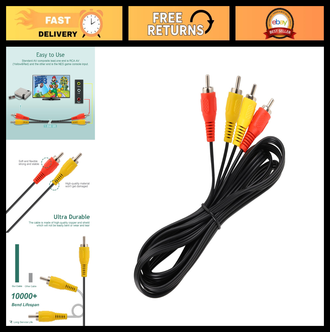 6FT AV Cable for NES – RCA Audio Video Connection Cord for TV & Monitor