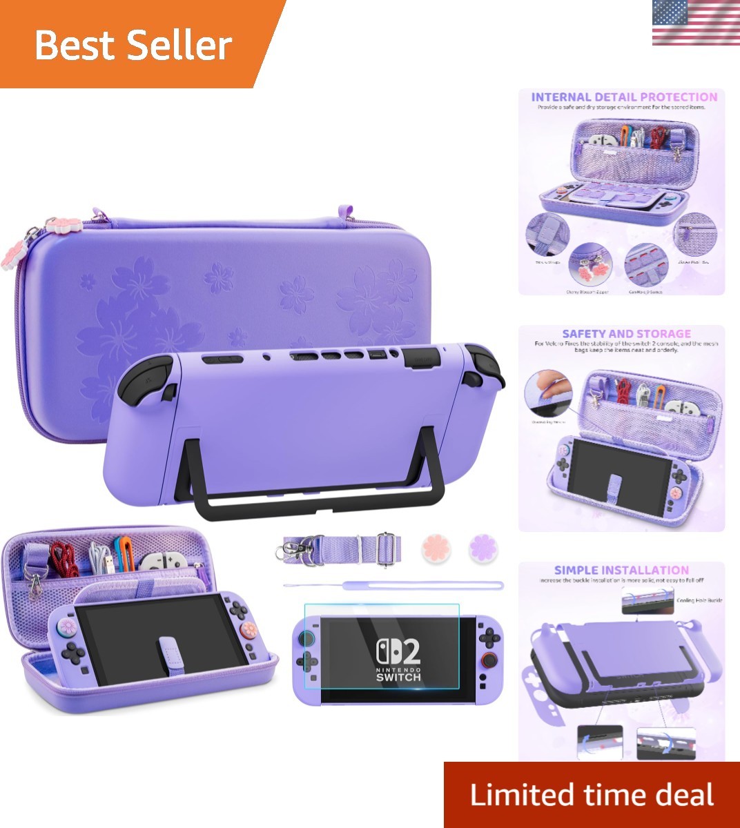 Purple Sakura Switch 2 Carrying Case for NS Switch 2, Cute Case Bundle with P…
