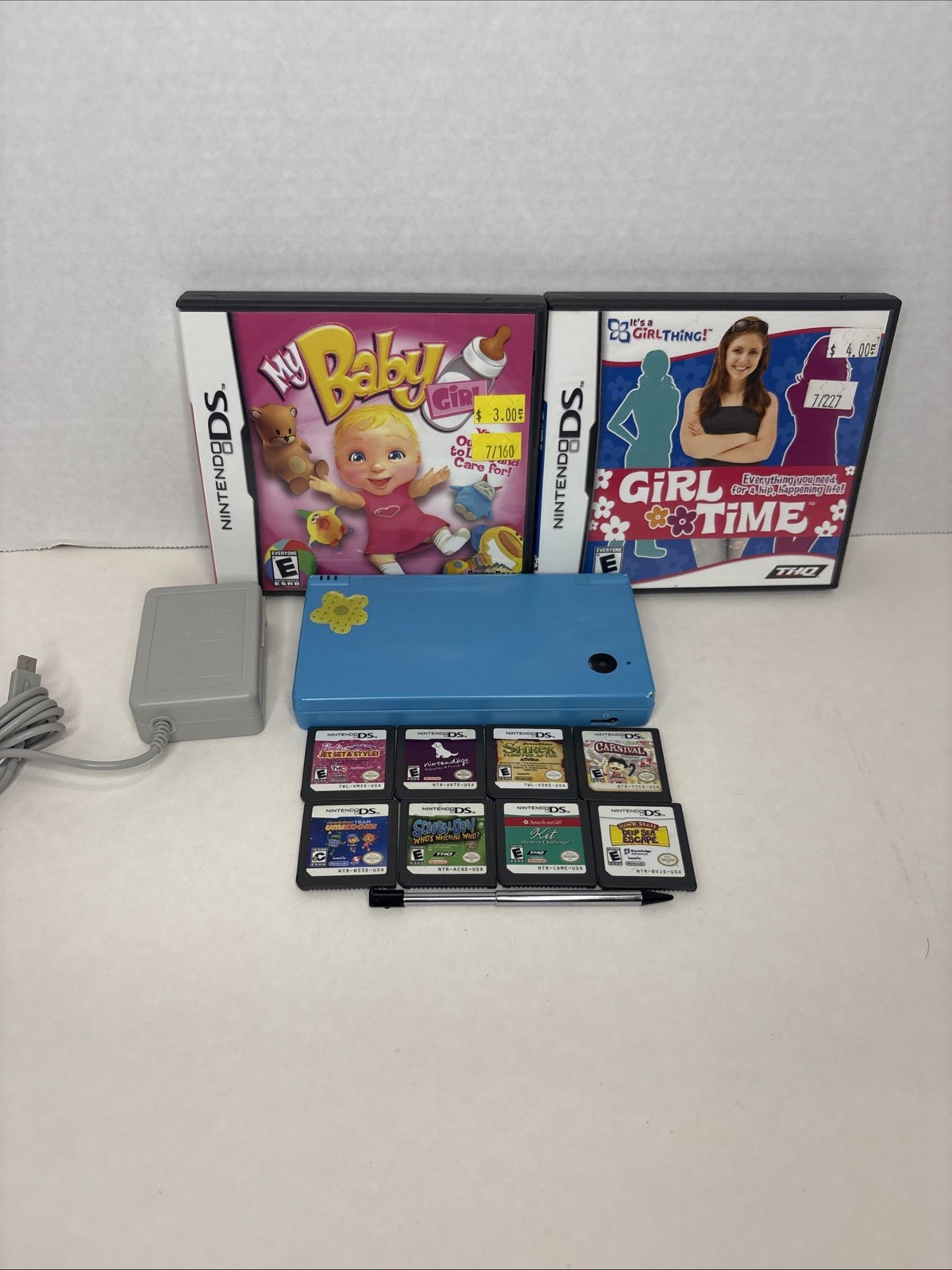 Nintendo DSI Handheld System Aqua Blue! Aftermarket Charger Stylus And Game Lot