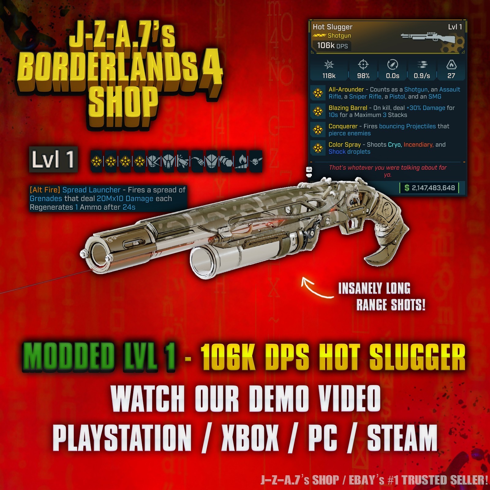 Borderlands 4✨ MODDED LEVEL 1 ONE 106K DPS HOT SLUGGER SHOTGUN BL4 ✅PC-PS-XBOX✨