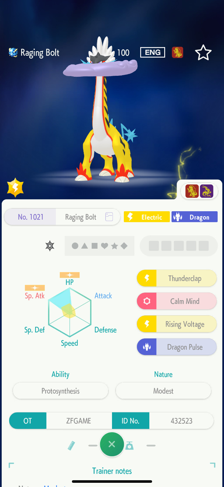 ✨6IV Normal Raging Bolt + EVS🚀 POKEMON HOME✨Champions✨Online delivery⚡