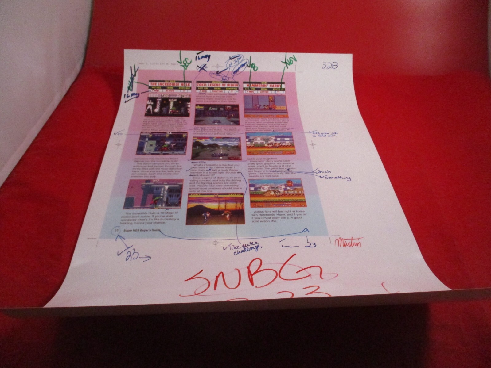 Super NES Buyer’s Guide Magazine Prototype Sheet Hulk Zoku Hammerin’ Harry