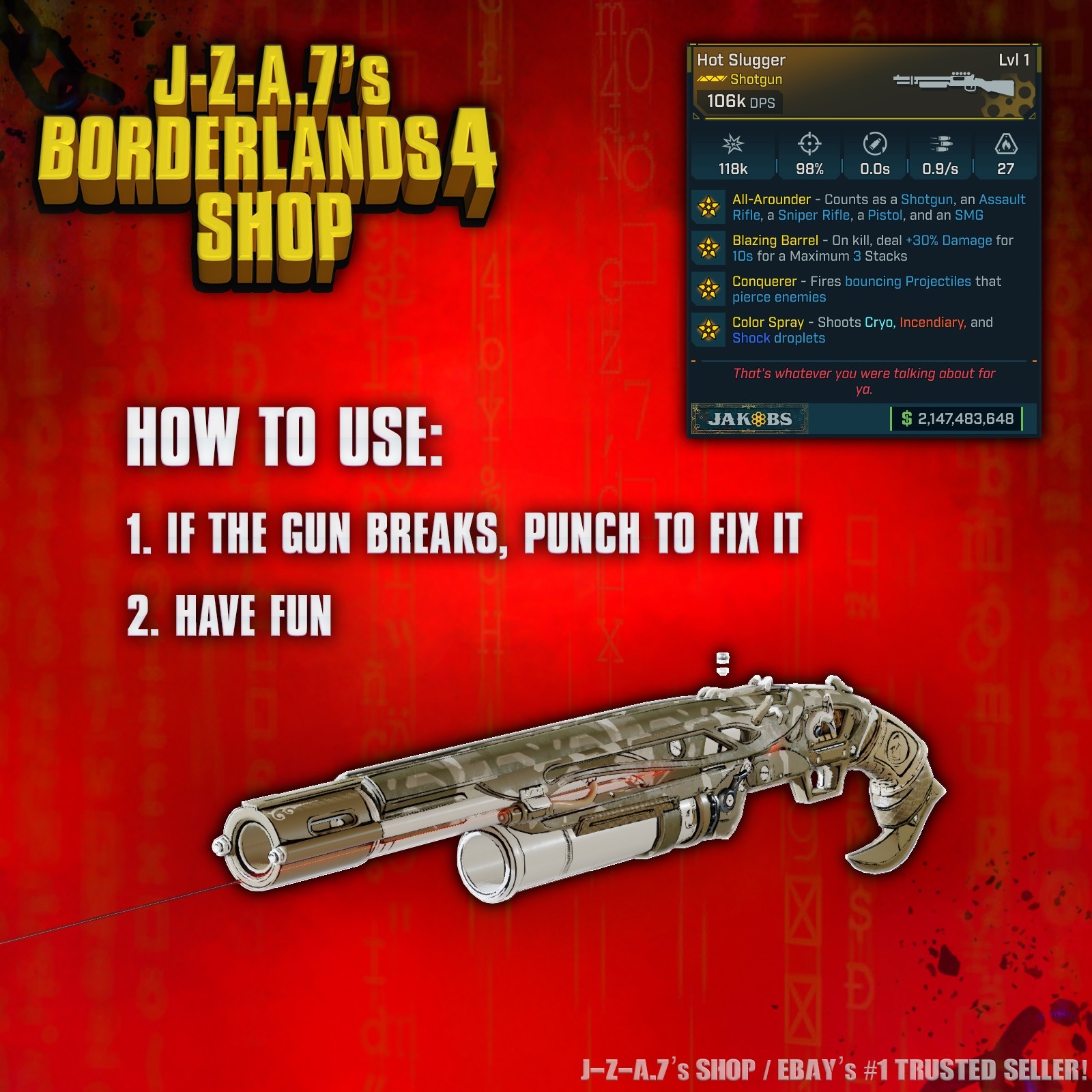 Borderlands 4✨ MODDED LEVEL 1 ONE 106K DPS HOT SLUGGER SHOTGUN BL4 ✅PC-PS-XBOX✨