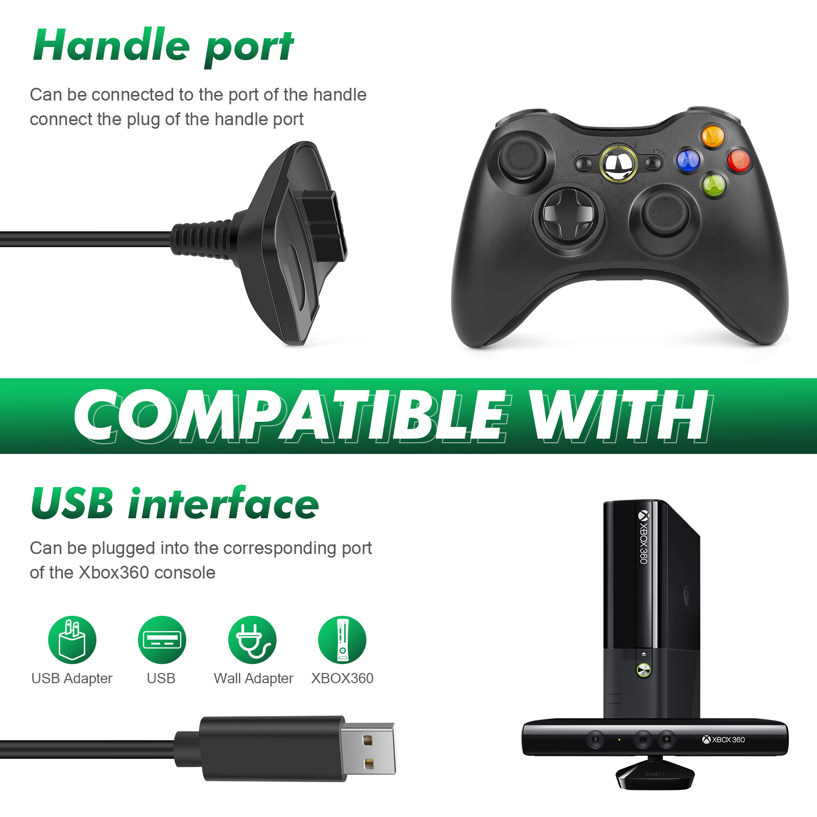 2pcs Rechargeable Battery Pack USB 4800mAh Charger Cable For XBox 360 Controller