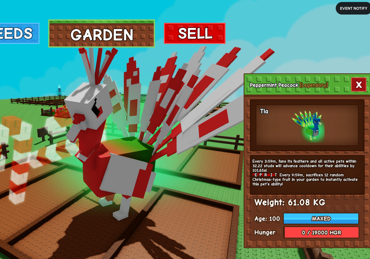 Huge Peppermint Peacock 61.08Kg! – Grow A Garden Pets – Roblox – Fast & Easy!